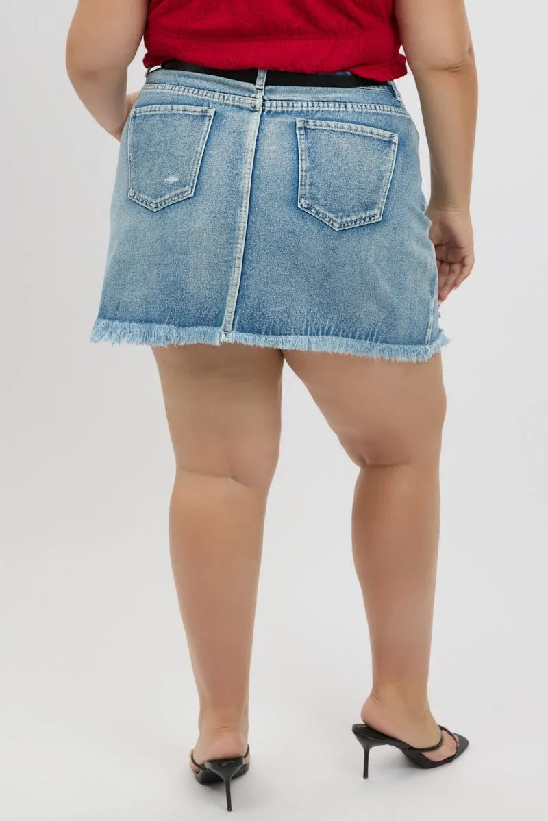 Denim Contrast Stitch Distressed Mini Skirt Floral Pattern