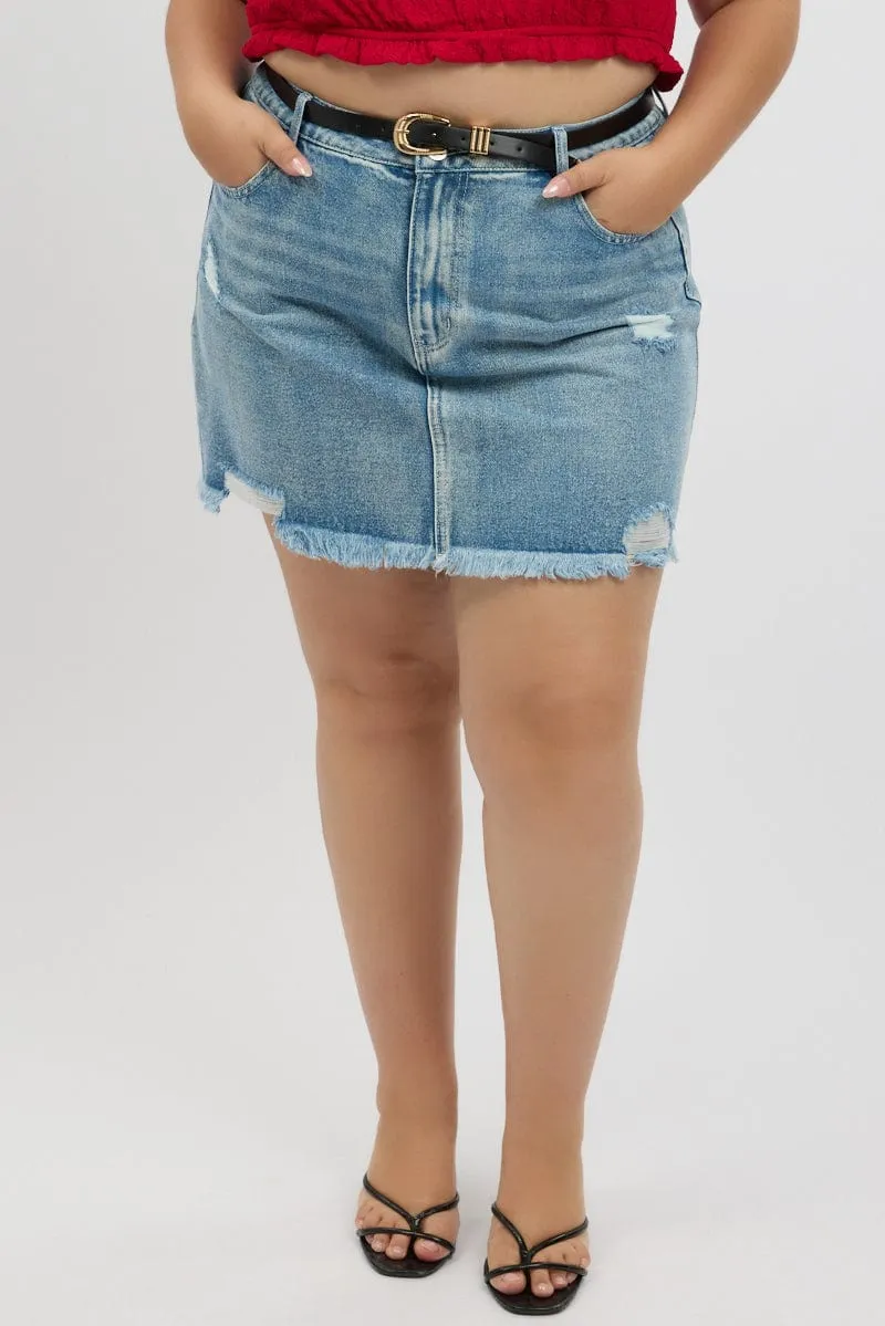 Minimal Style Denim Contrast Stitch Distressed Mini Skirt