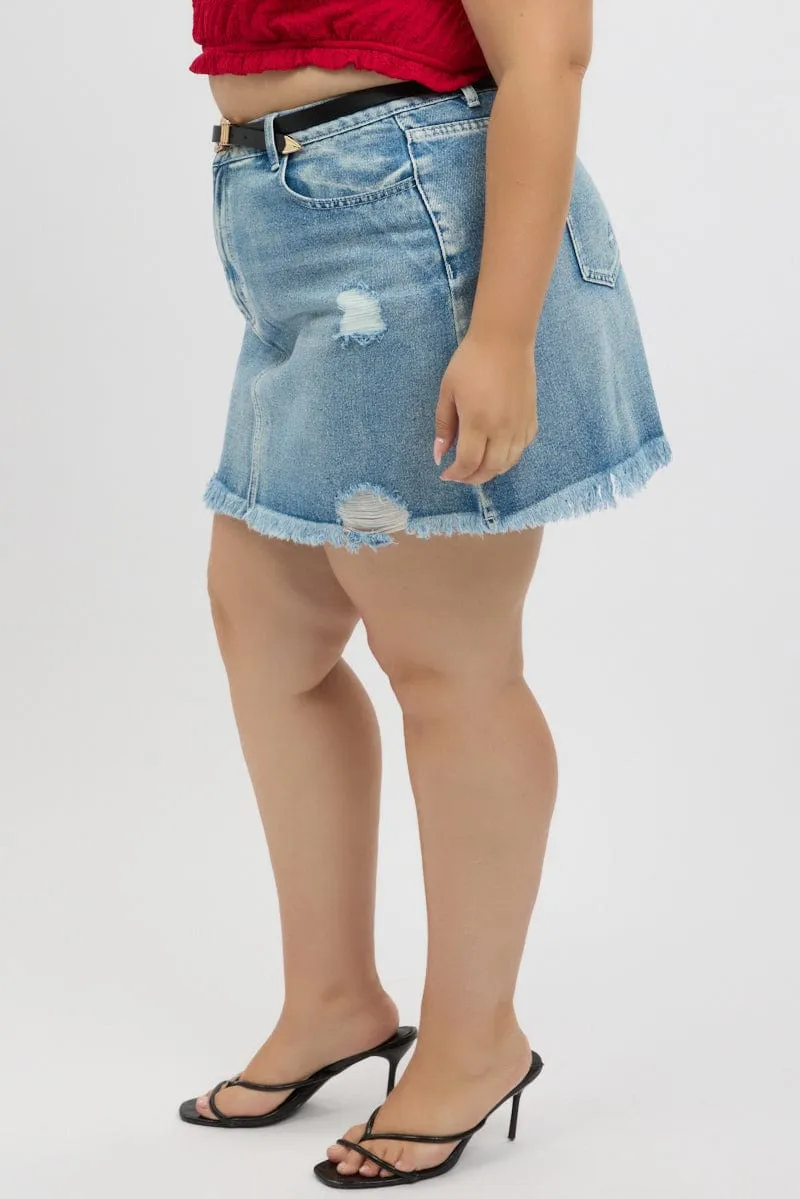 Denim Contrast Stitch Distressed Mini Skirt Urban Style Print Mix