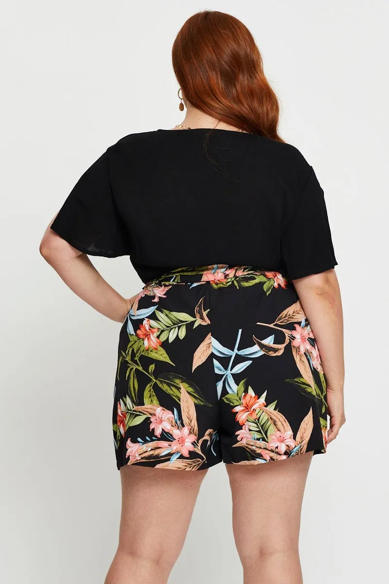 MultiPocket Floral Print Belted Shorts High Rise
