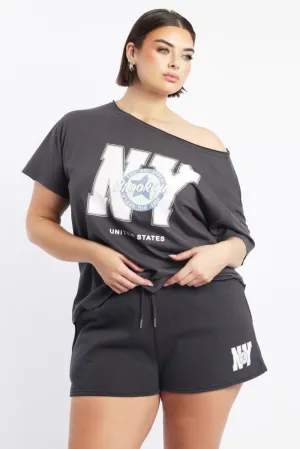 Grey Graphic T Shirt Off Shoulder Short Sleeve Casual Everyday Soft and Cozy