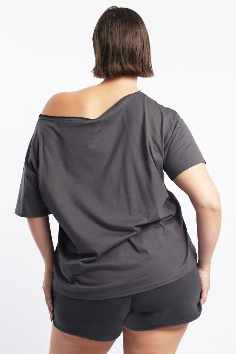 back to school Seasonal Trend Grey Graphic T Shirt Off Shoulder Short Sleeve