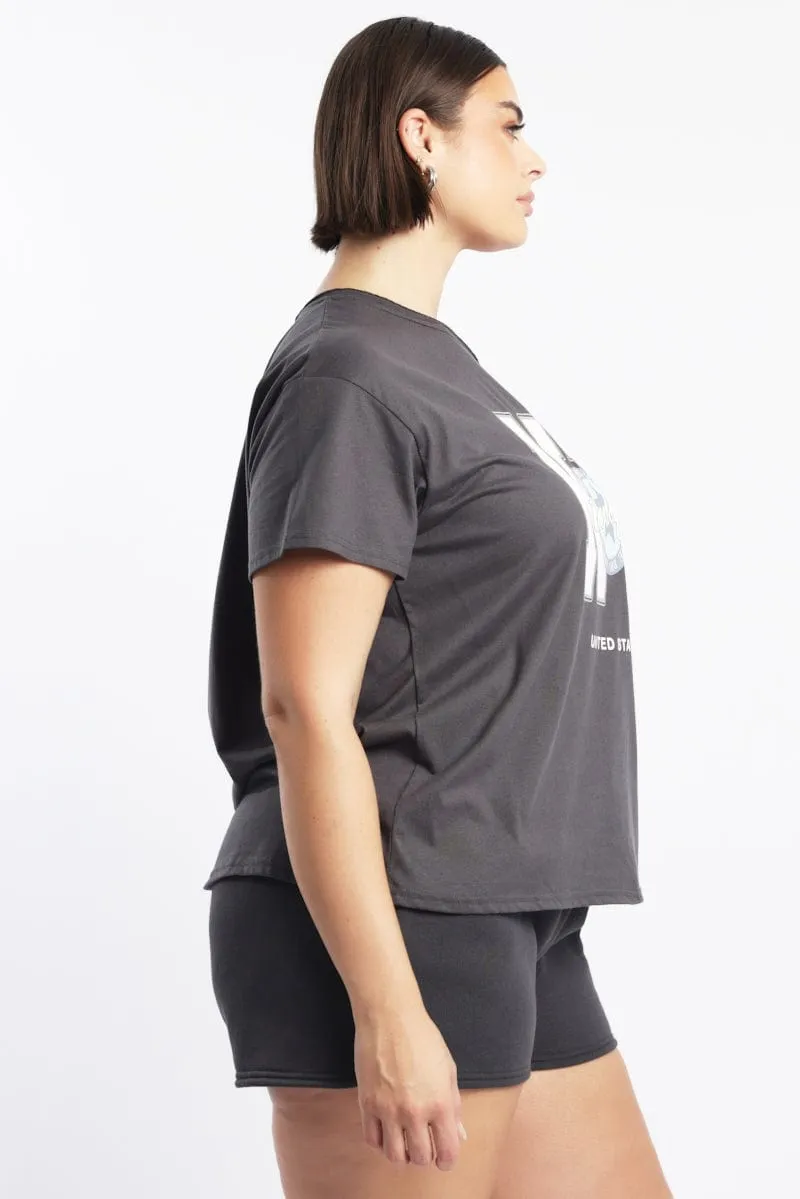 Relaxing Day Grey Graphic T Shirt Off Shoulder Short Sleeve