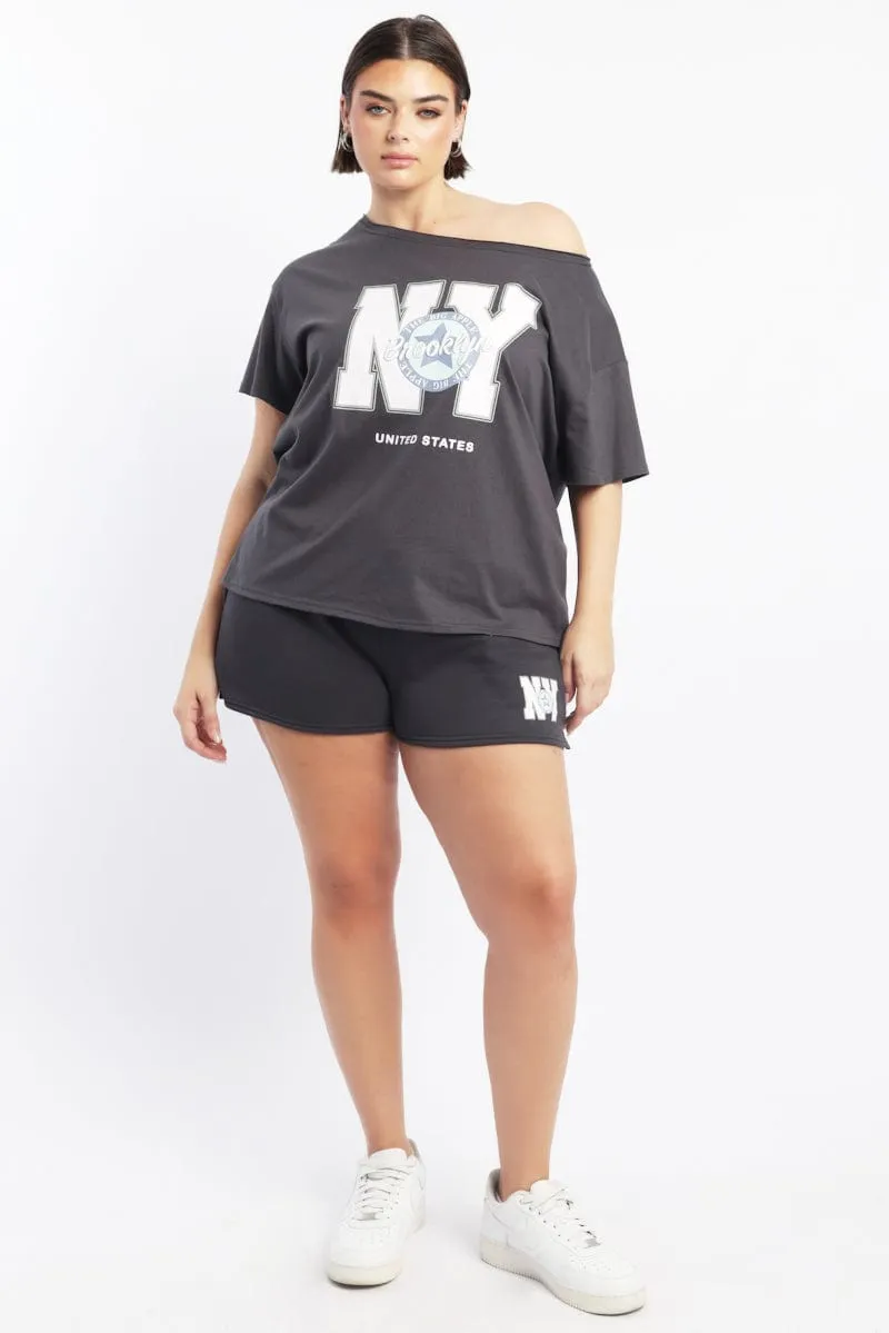 Grey Graphic T Shirt Off Shoulder Short Sleeve Workout