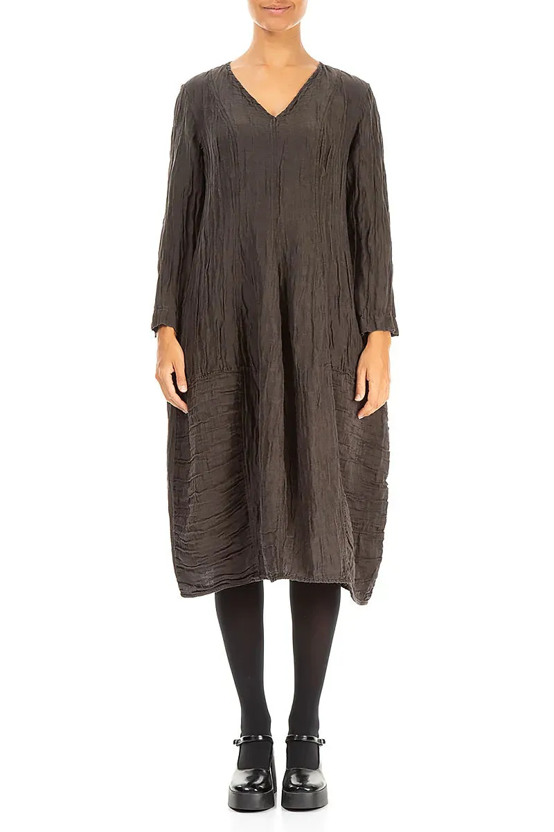 Layering Wear Long Sleeves V-neck Crinkled Forest Brown Silk Dress