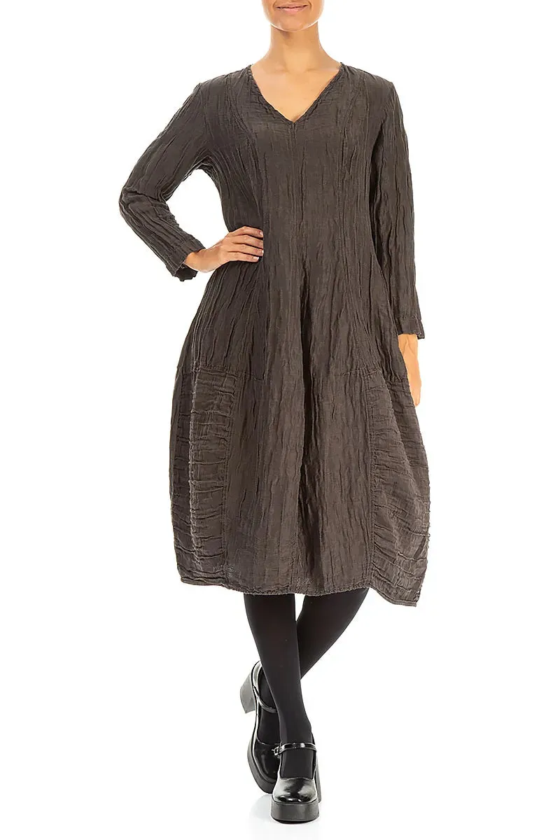 Transitional Clothing Sky Cool Long Sleeves V-neck Crinkled Forest Brown Silk Dress
