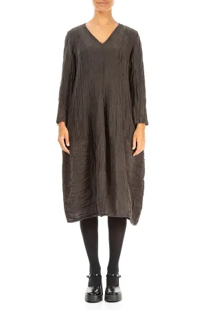 Layering Wear Long Sleeves V-neck Crinkled Forest Brown Silk Dress