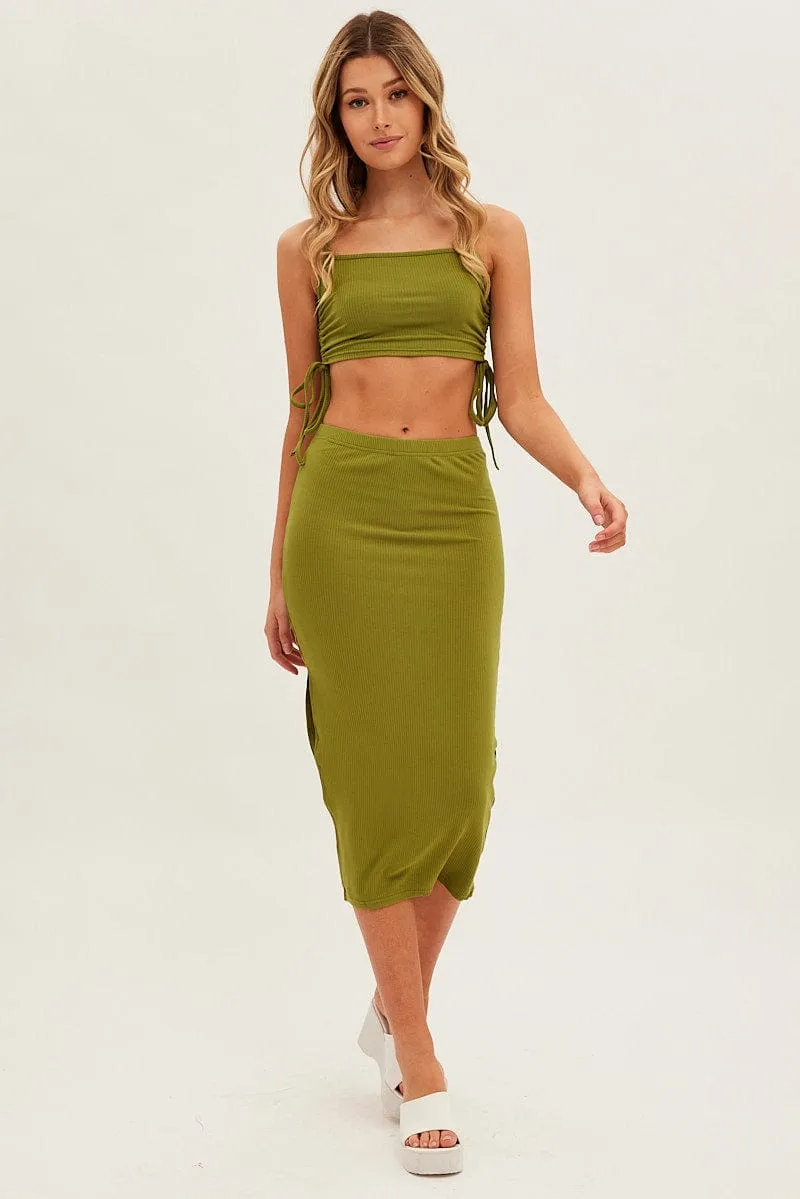 Green Midi Skirt Rib Jersey Side Slit Midi Comfy Fit Non Irritating Seams