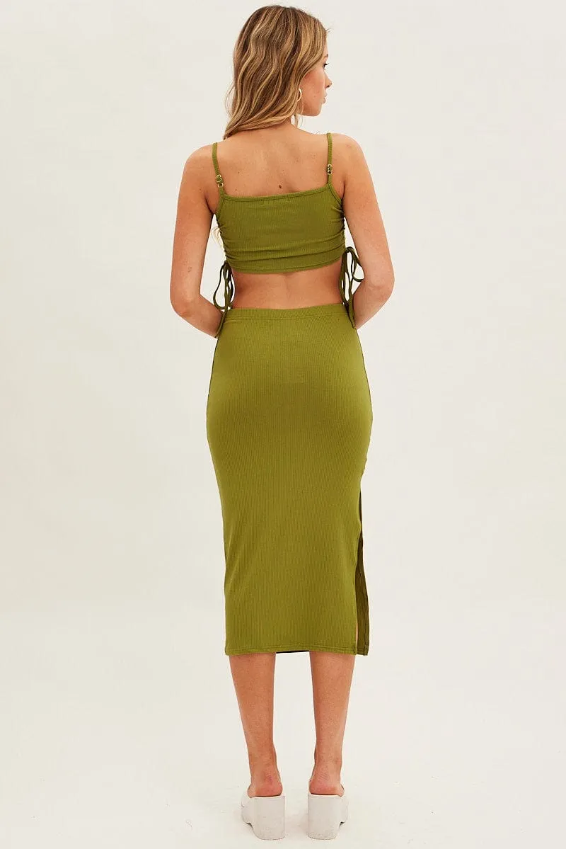 Green Midi Skirt Rib Jersey Side Slit Midi Refined Sophistication