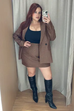 Brown Check Split Mini Skirt Oversized style Fashion Detail