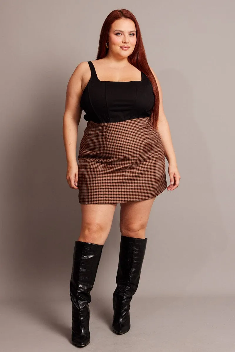 Brown Check Split Mini Skirt Maximalist look