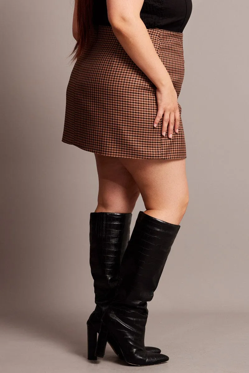 Brown Check Split Mini Skirt Unique Feature