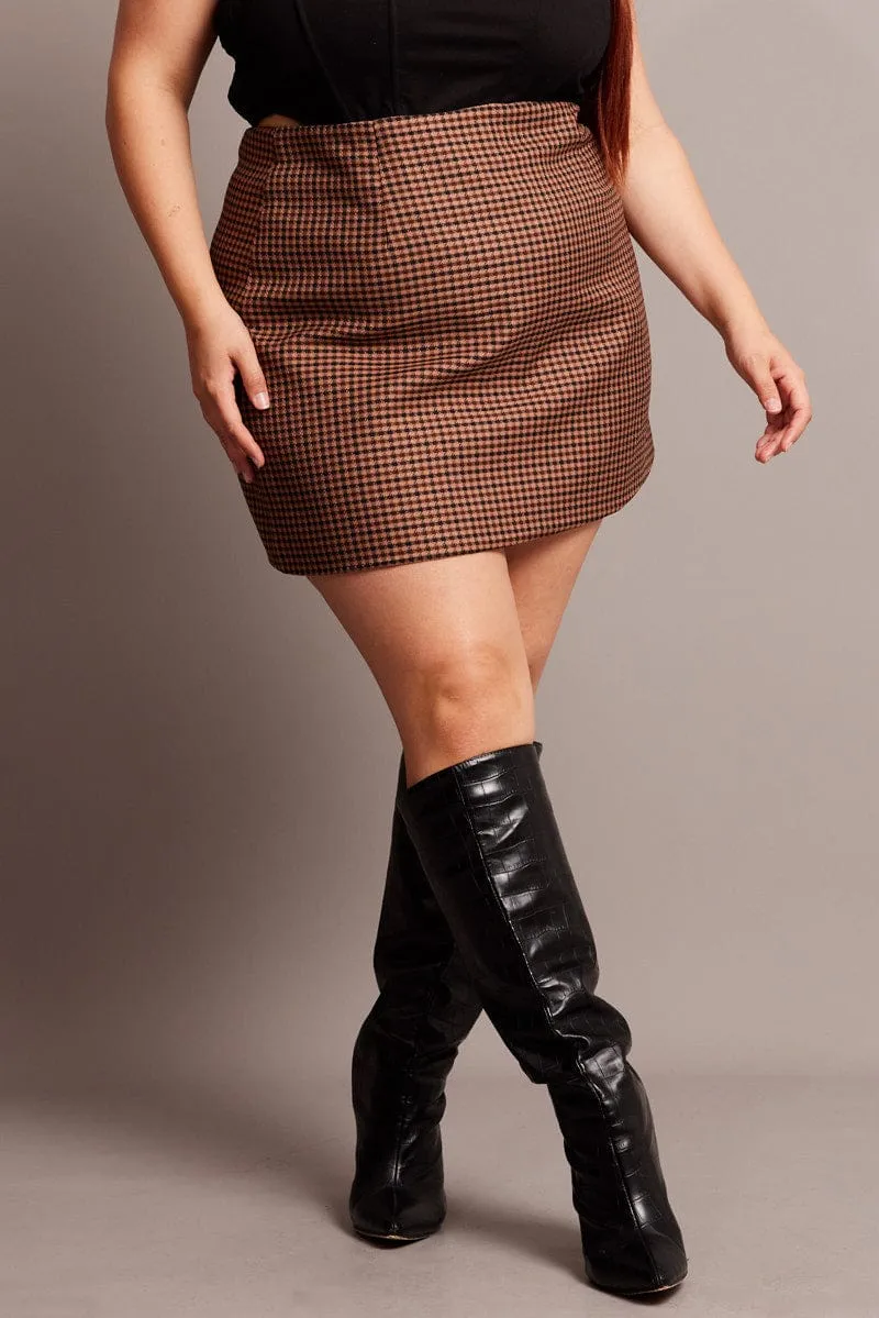 Brown Check Split Mini Skirt Elasticized Cuff Double Layer