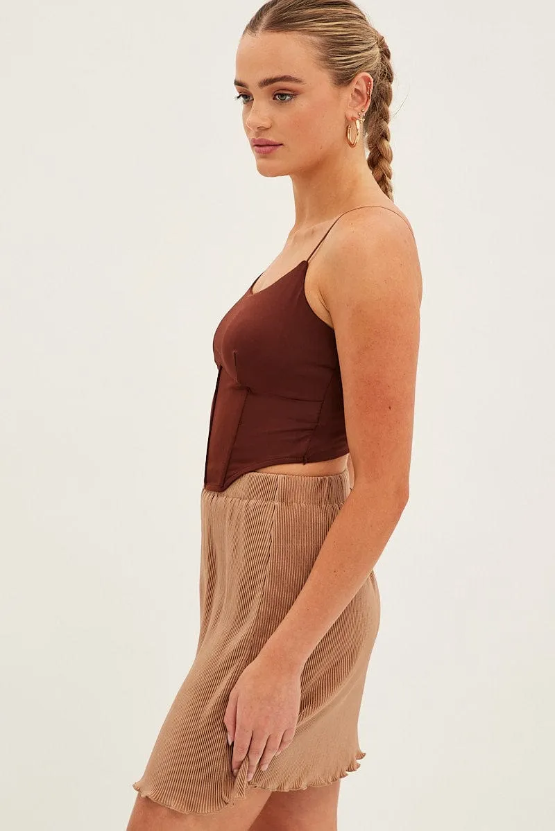 Tagless label Diagonal Slit Brown Plisse Mini Skirt