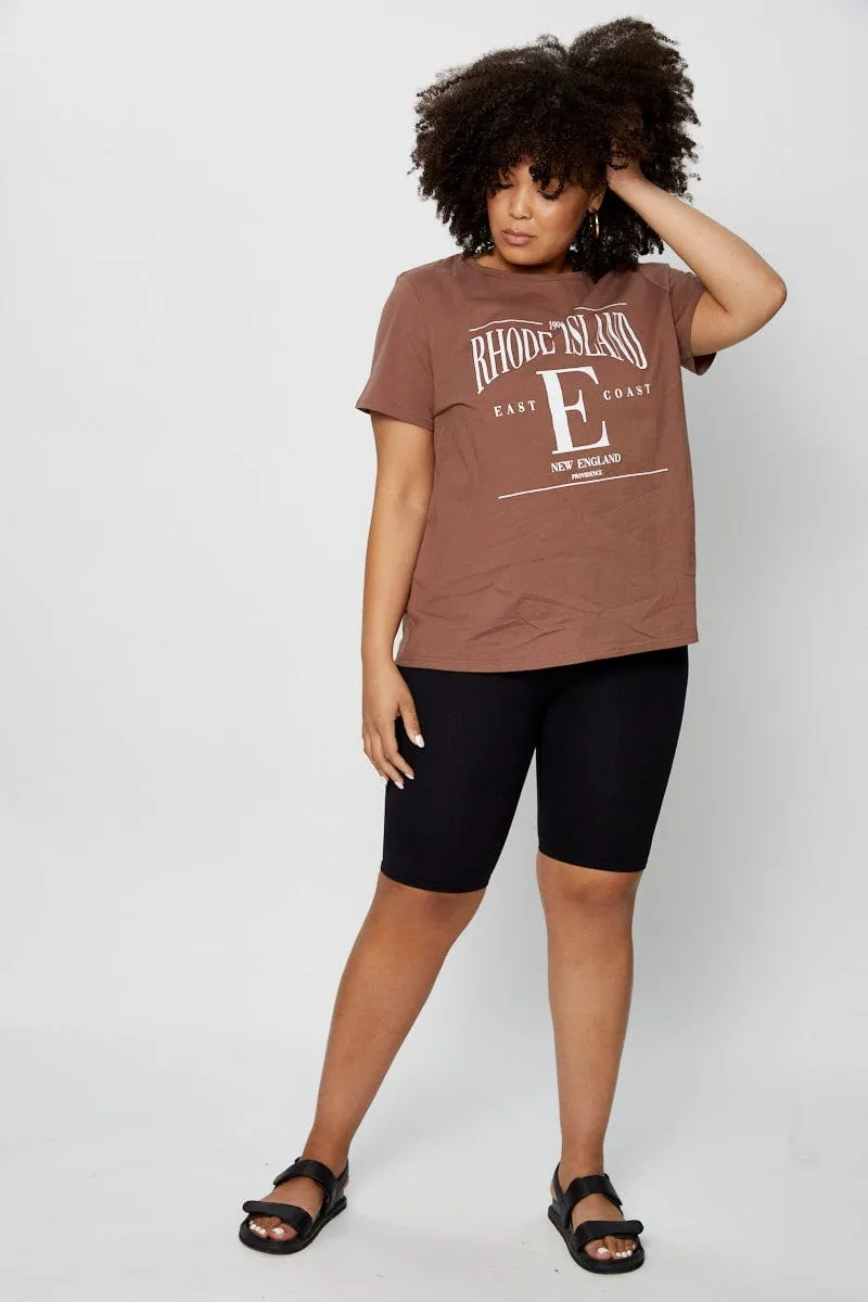 Brown Graphic T-shirt Crew Neck Outdoor Trend Job Interview