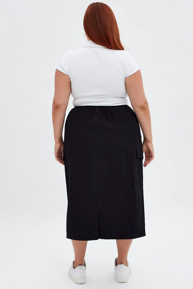 elastic waistband Black Parachute Midi Skirt