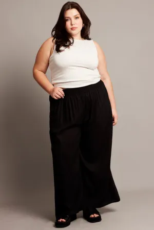 Black Shirred Waist Wide Leg Pants Softened Hem