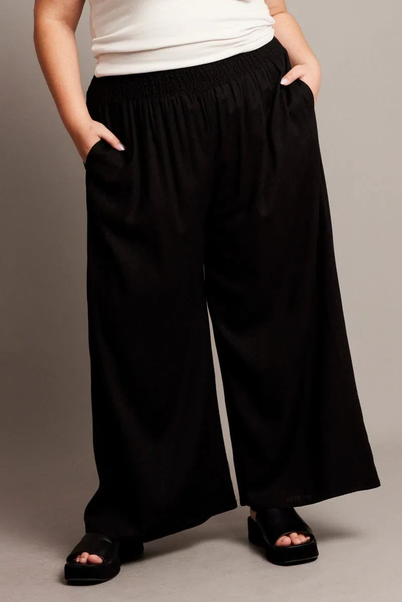 Anti Odor Treatment Temperature Regulating Fabric Black Shirred Waist Wide Leg Pants