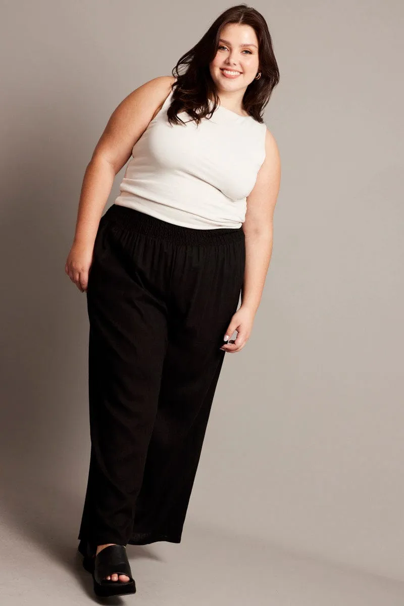 stain guard Black Shirred Waist Wide Leg Pants