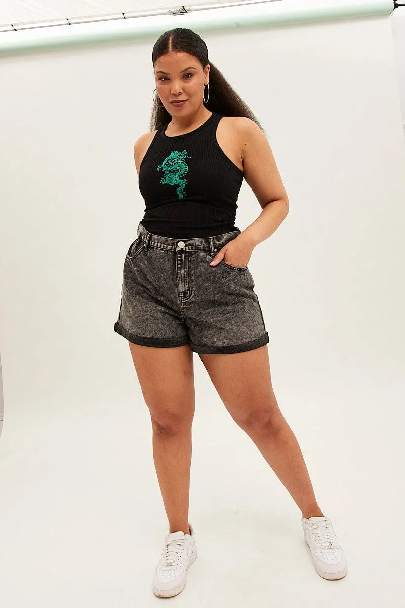 Black Sleeveless Rib Tank Top With Dragon Embroidery Layering Must-Have Edgy