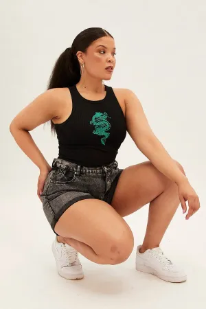 Black Sleeveless Rib Tank Top With Dragon Embroidery Stretch Knit Sleek Style