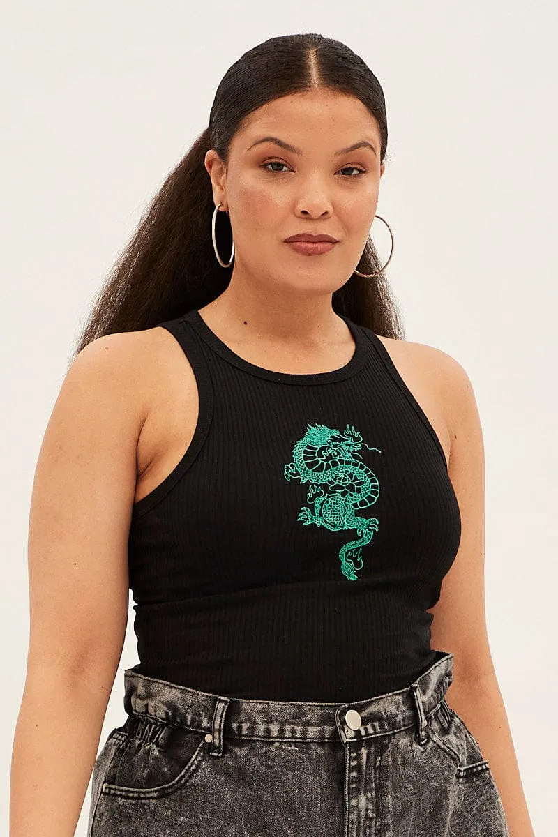 Black Sleeveless Rib Tank Top With Dragon Embroidery StretchFabric Reinforced Shoulders