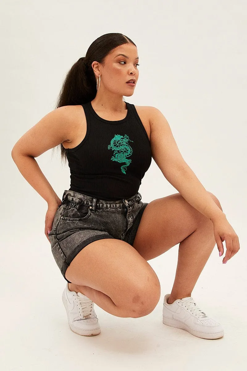 Black Sleeveless Rib Tank Top With Dragon Embroidery Stretch Knit Sleek Style