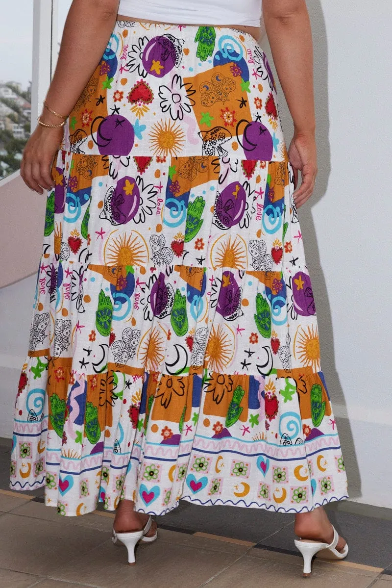 Multi Abstract Tiered Elastic Waist Maxi Skirt Side Slit