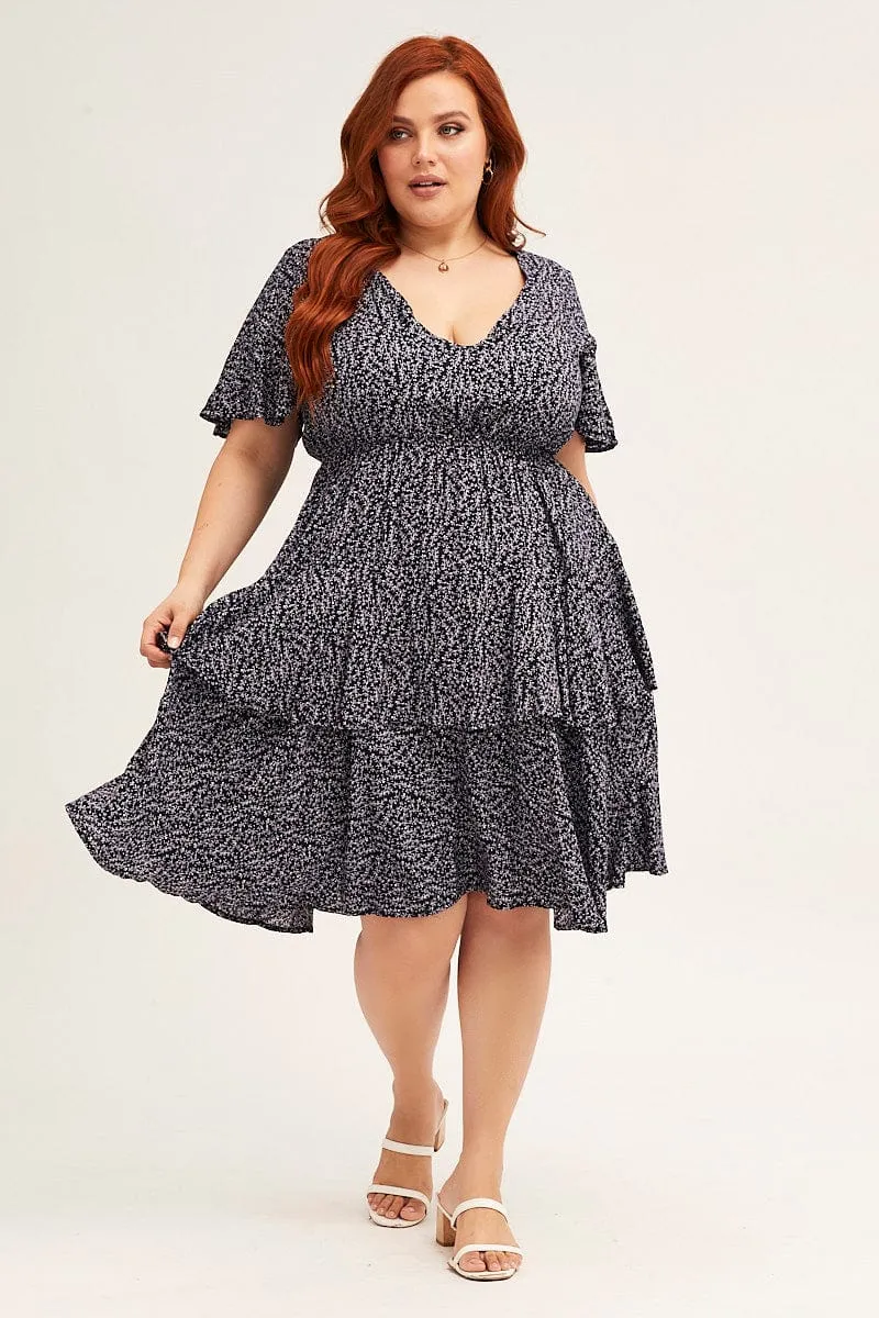 Pop Beat On The Go Look Ditsy Print Navy Ditsy Print Short Sleeve V-neck Mini Dress