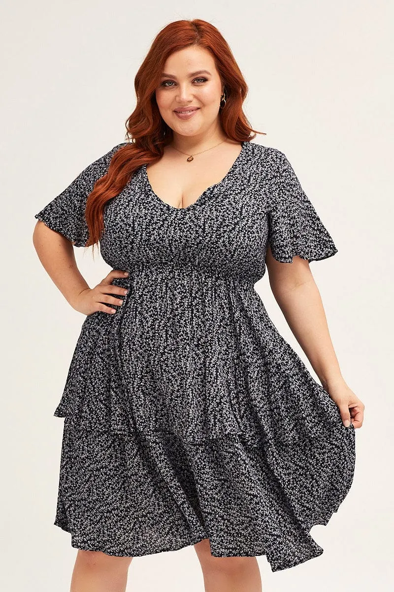Ditsy Print Navy Ditsy Print Short Sleeve V-neck Mini Dress Cross Back Support Design Bold color mini