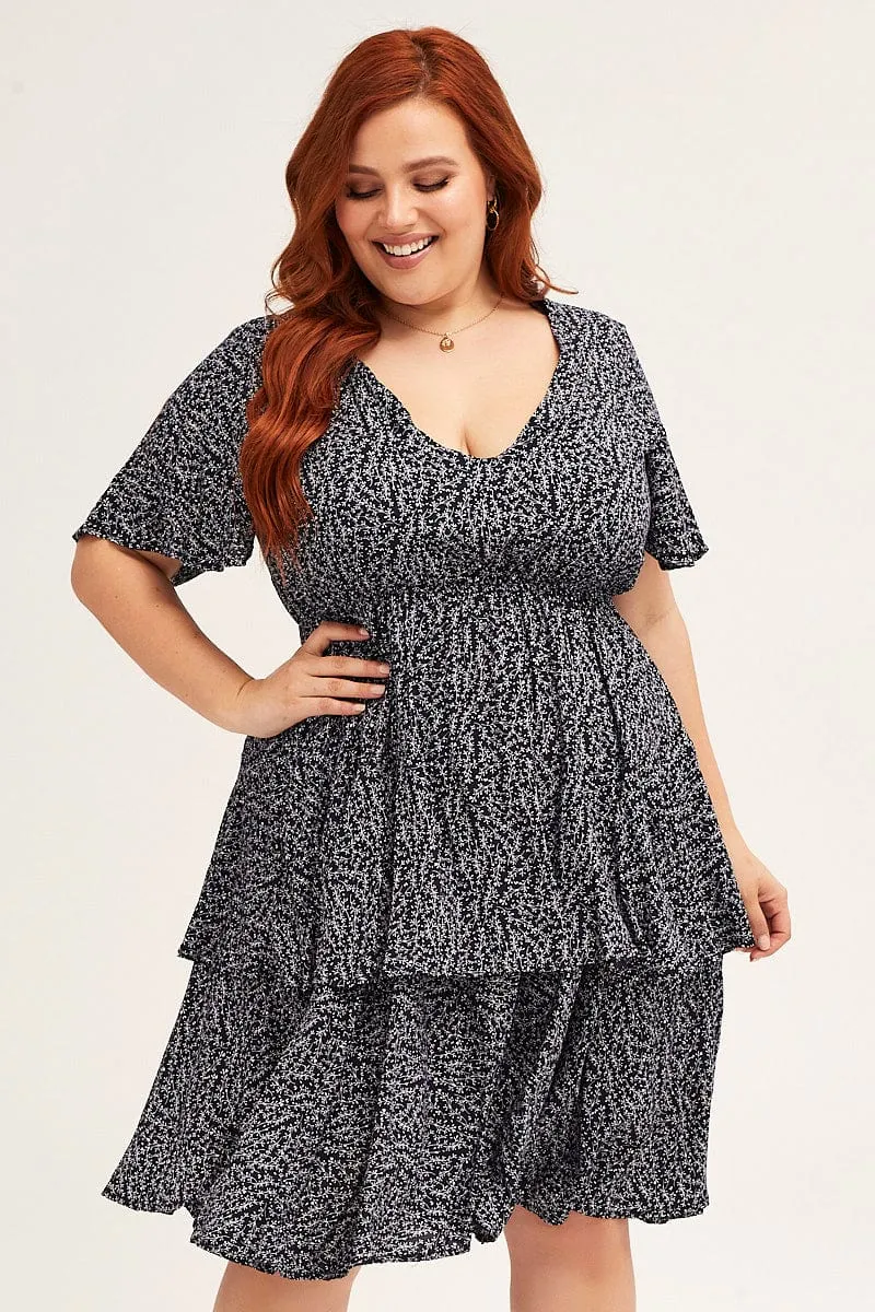 Ditsy Print Navy Ditsy Print Short Sleeve V-neck Mini Dress Built In Pockets Oversized Pocket