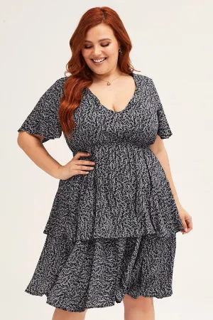 Ditsy Print Navy Ditsy Print Short Sleeve V-neck Mini Dress Built In Pockets Oversized Pocket