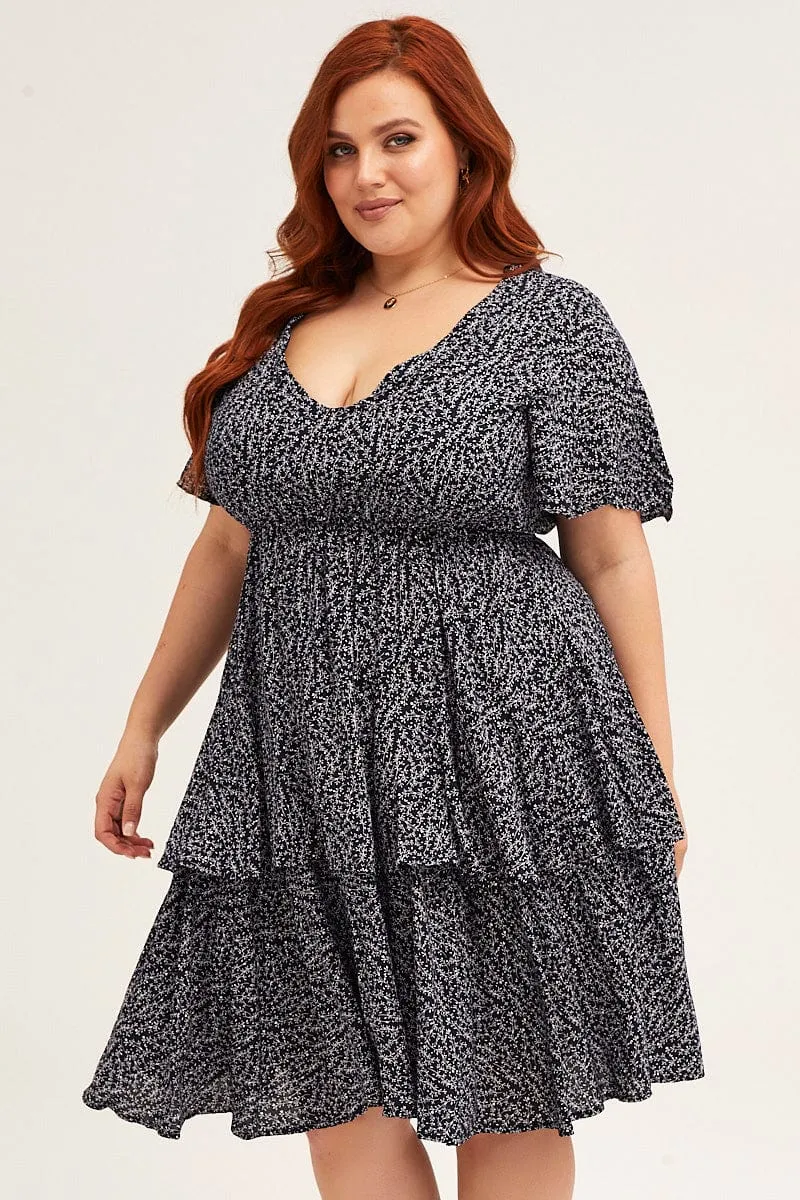 Ditsy Print Navy Ditsy Print Short Sleeve V-neck Mini Dress Adaptive Sizing System