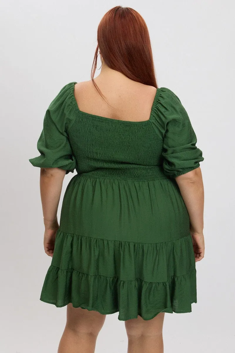 Green Shirred Bodice Puff Sleeve Tiered Mini Dress Club look