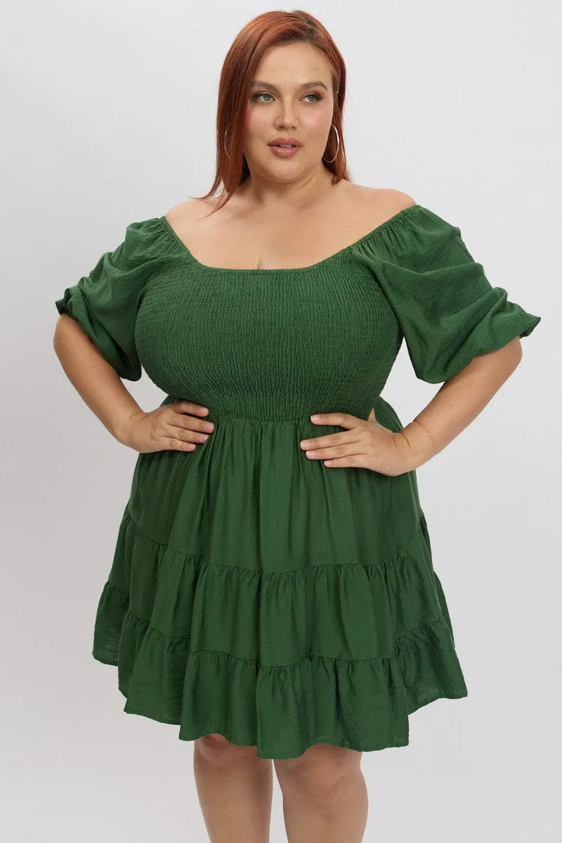 Green Shirred Bodice Puff Sleeve Tiered Mini Dress Comfortable and breezy mini Scene Cool