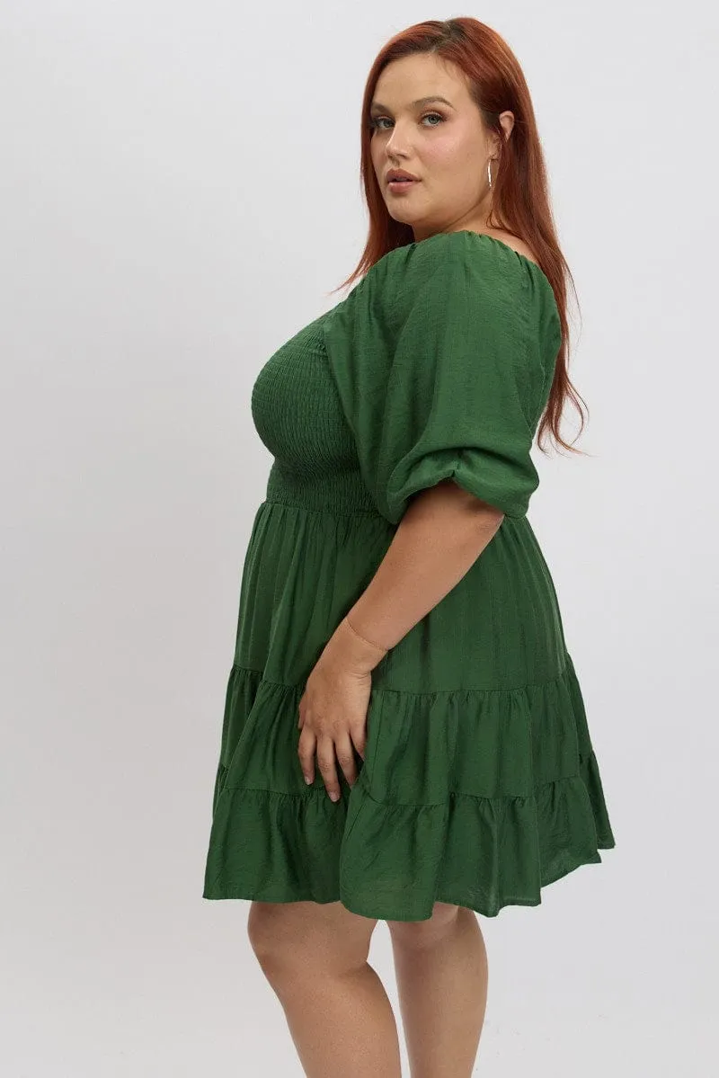 Green Shirred Bodice Puff Sleeve Tiered Mini Dress Adjustable drawstring