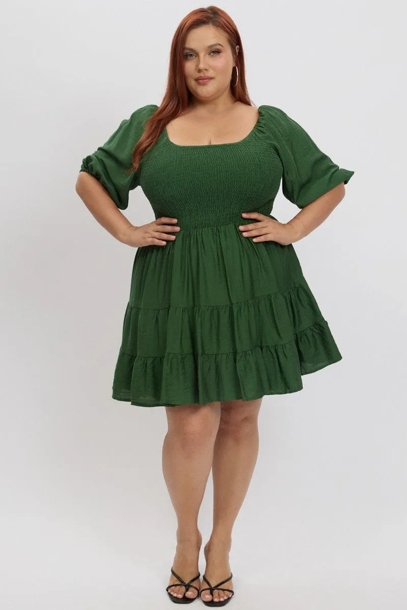 Green Shirred Bodice Puff Sleeve Tiered Mini Dress Vibrant color