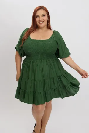 Pose Glow Lightweight party mini Green Shirred Bodice Puff Sleeve Tiered Mini Dress