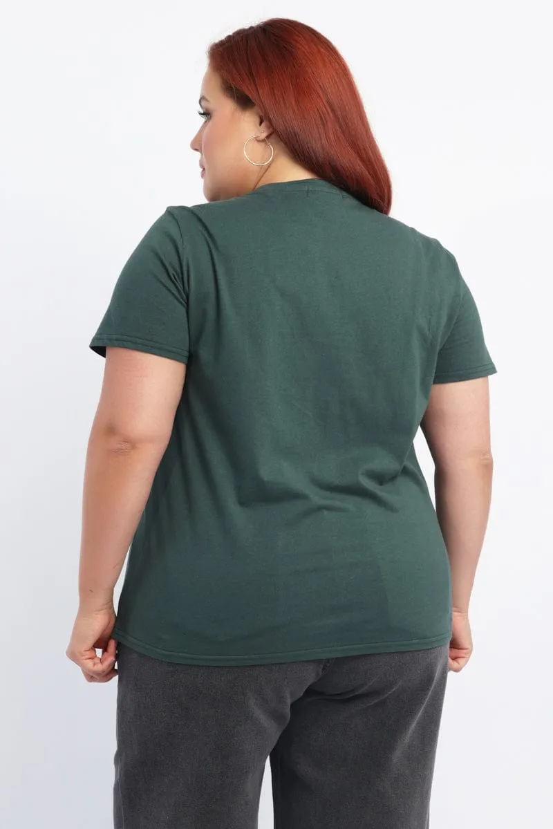 Printed Logo Green Graphic T Shirt Short Sleeve Crew Neck