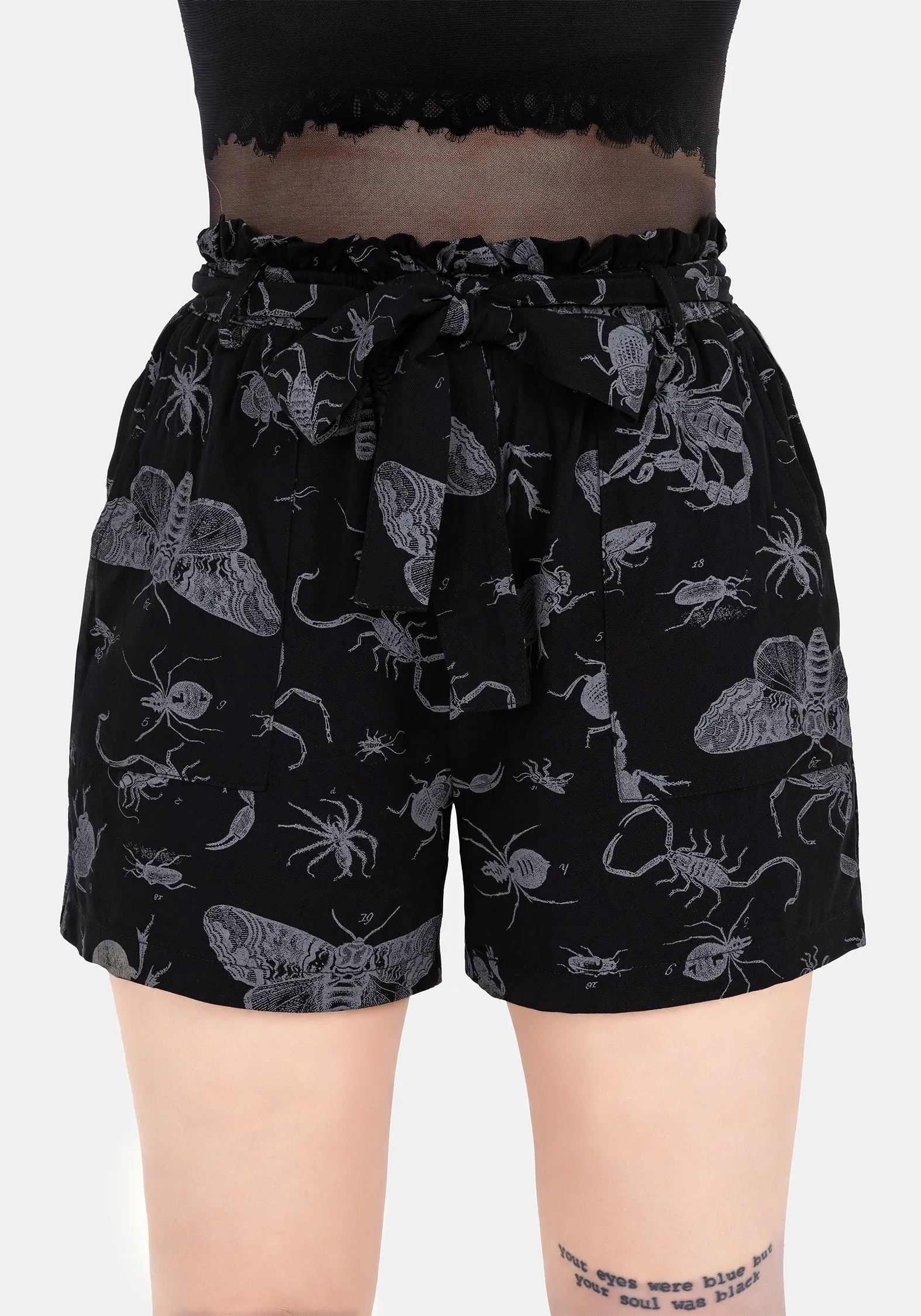 Simple Mood Perfect Fit Parasite Bugs Tie Waist Paperbag Shorts - Black