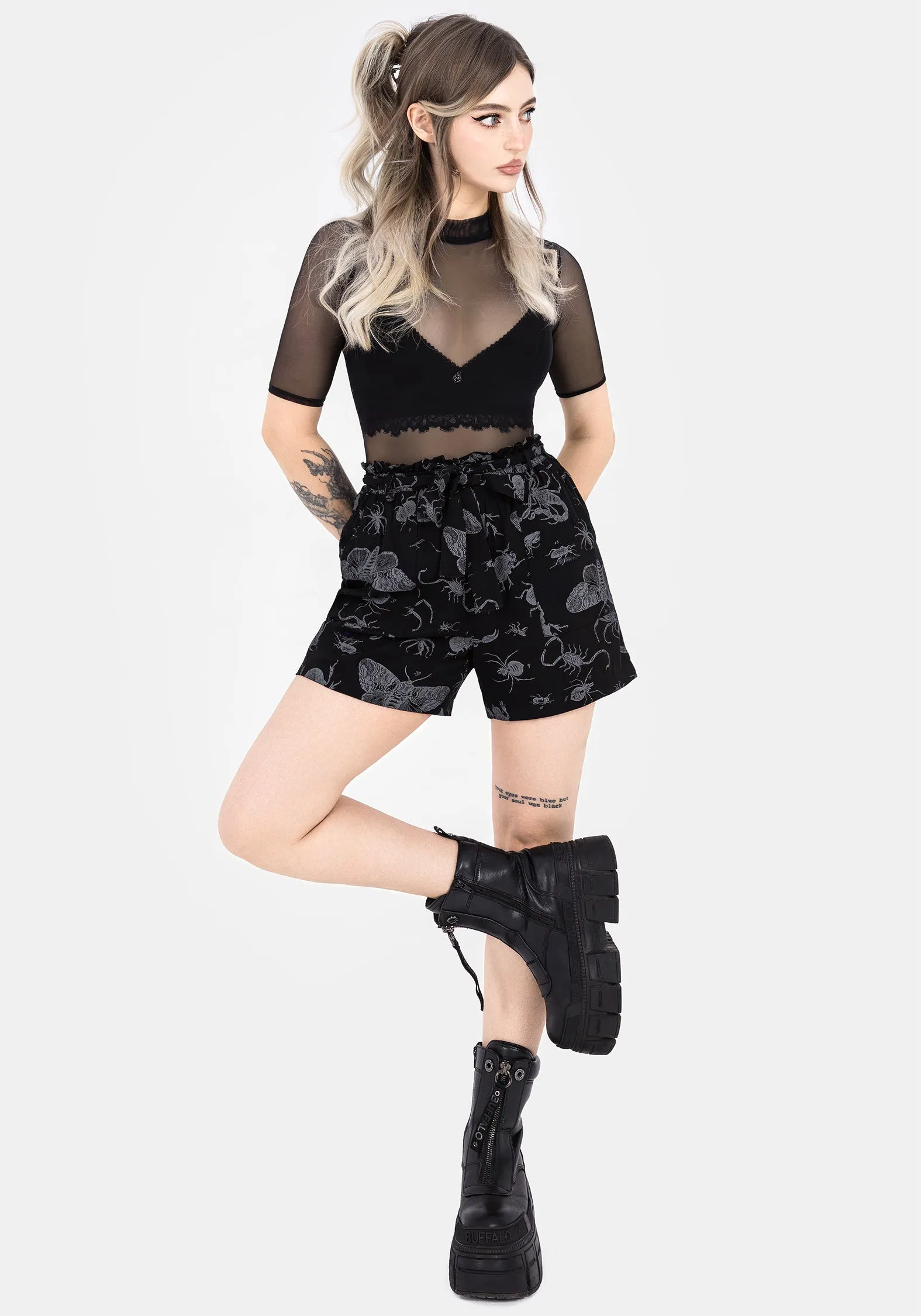 Clean Stretch Belt loops Parasite Bugs Tie Waist Paperbag Shorts - Black