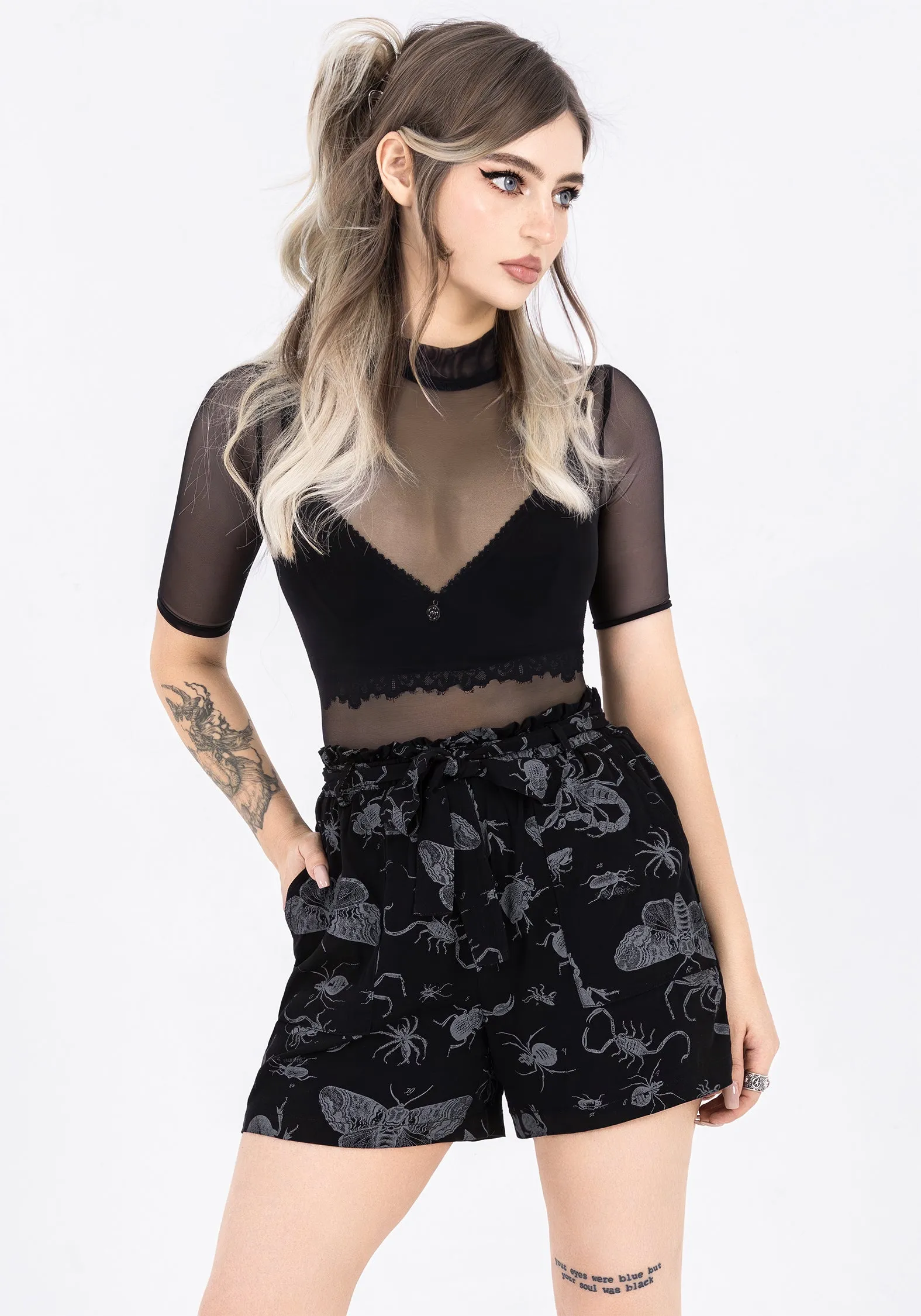 Compression Fit Parasite Bugs Tie Waist Paperbag Shorts - Black