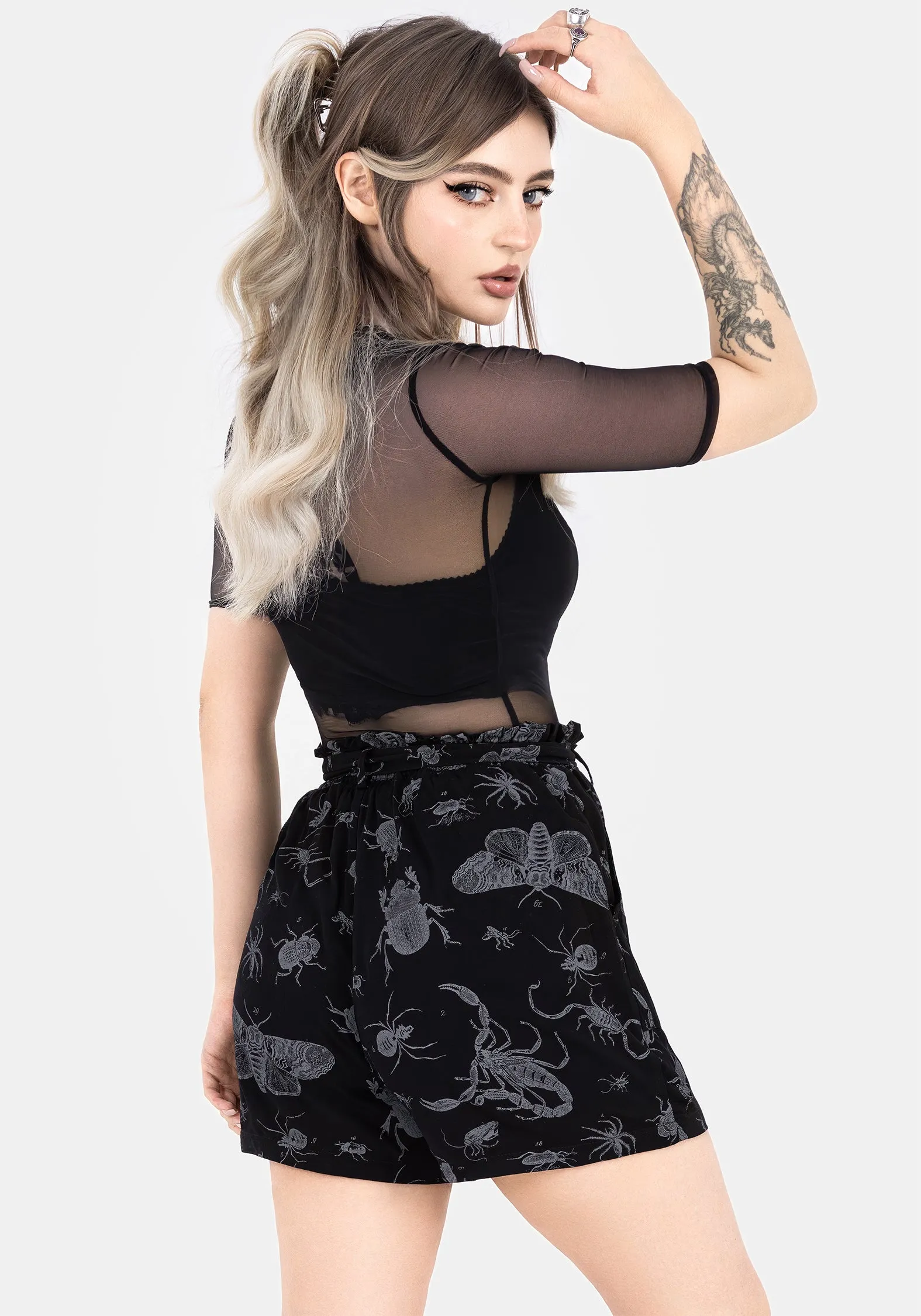 factory work jewelry Parasite Bugs Tie Waist Paperbag Shorts - Black