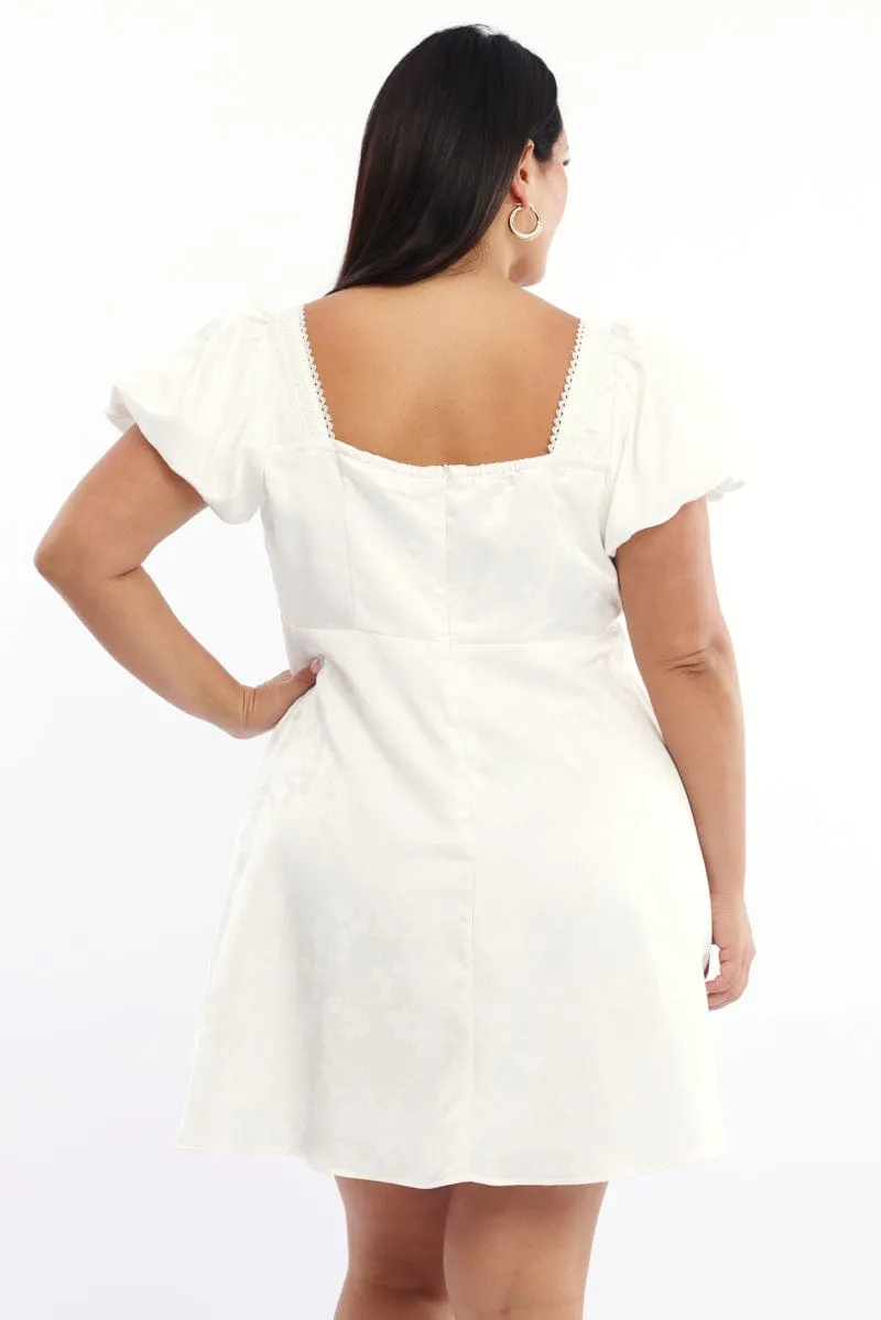 Light Glow Beat Glow White Ruched Bust Mini Dress Puff Sleeve Ribbon Detail