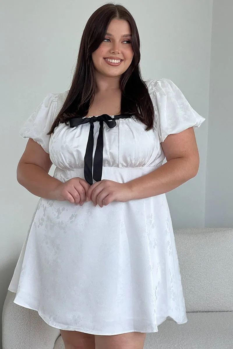 White Ruched Bust Mini Dress Puff Sleeve Ribbon Detail Walk Light Mini for a night out