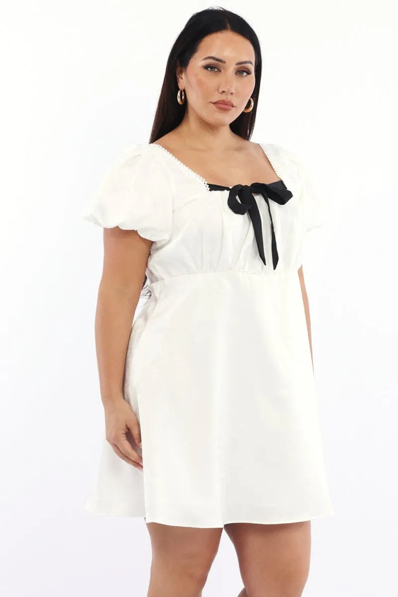 White Ruched Bust Mini Dress Puff Sleeve Ribbon Detail Secure fastening Comfort Wear