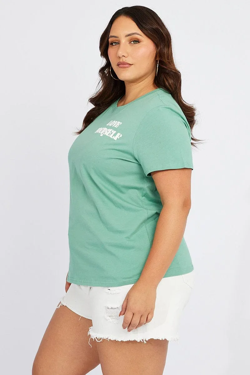 Tagless Neckline Green Graphic T-shirt Short Sleeve Crew Neck