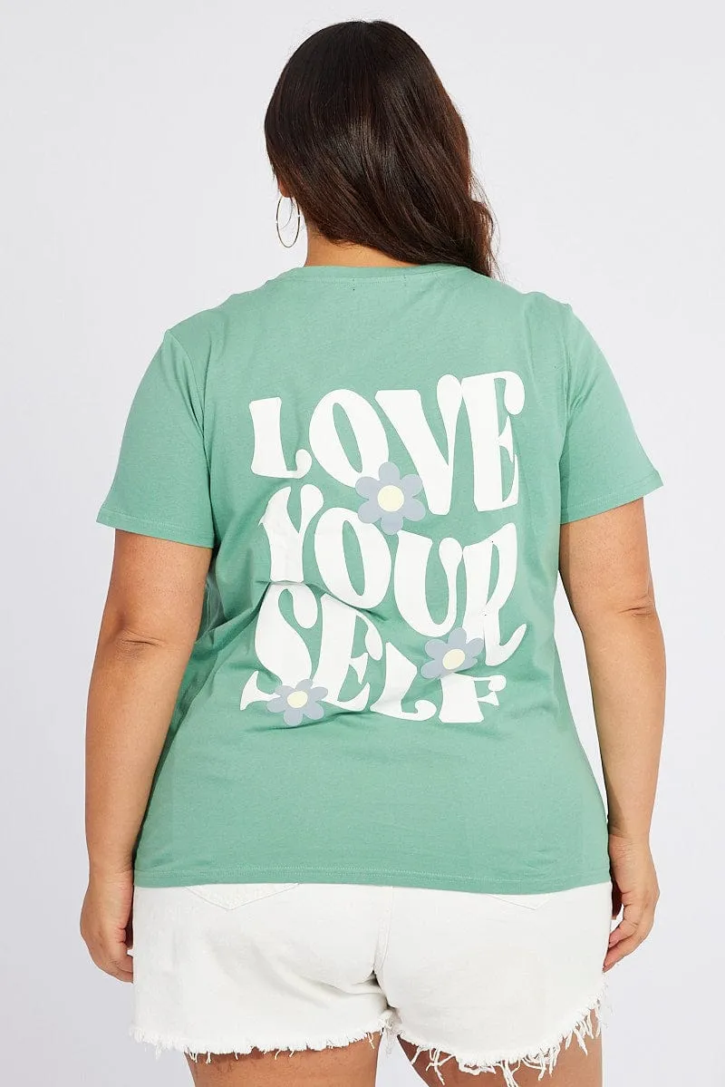 Simple Comfort Active Layering Green Graphic T-shirt Short Sleeve Crew Neck