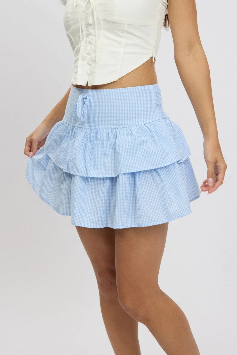 Comfort First Blue Check Ruffle Mini Skirt High Rise Shirred Back Tiered