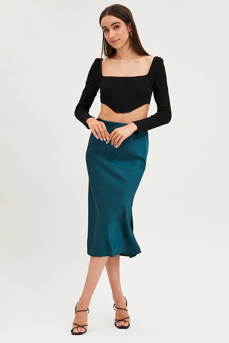 Blue Slip Skirt Midi Satin Casual Comfort